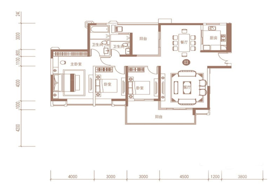 紫荆华庭120平米三居室空间布局图